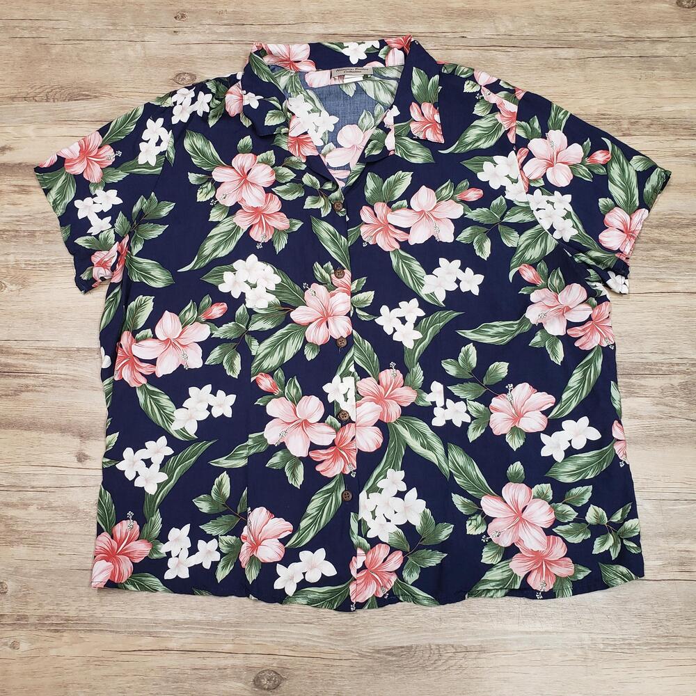 Hawaiian Reserve Collection Shirt Womens 2XL Navy Floral Short Sleeve Button Up